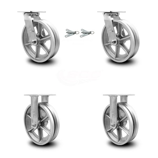 8 Inch V Groove Semi Steel Caster Set with Ball Bearings 2 Swivel Lock 2 Rigid